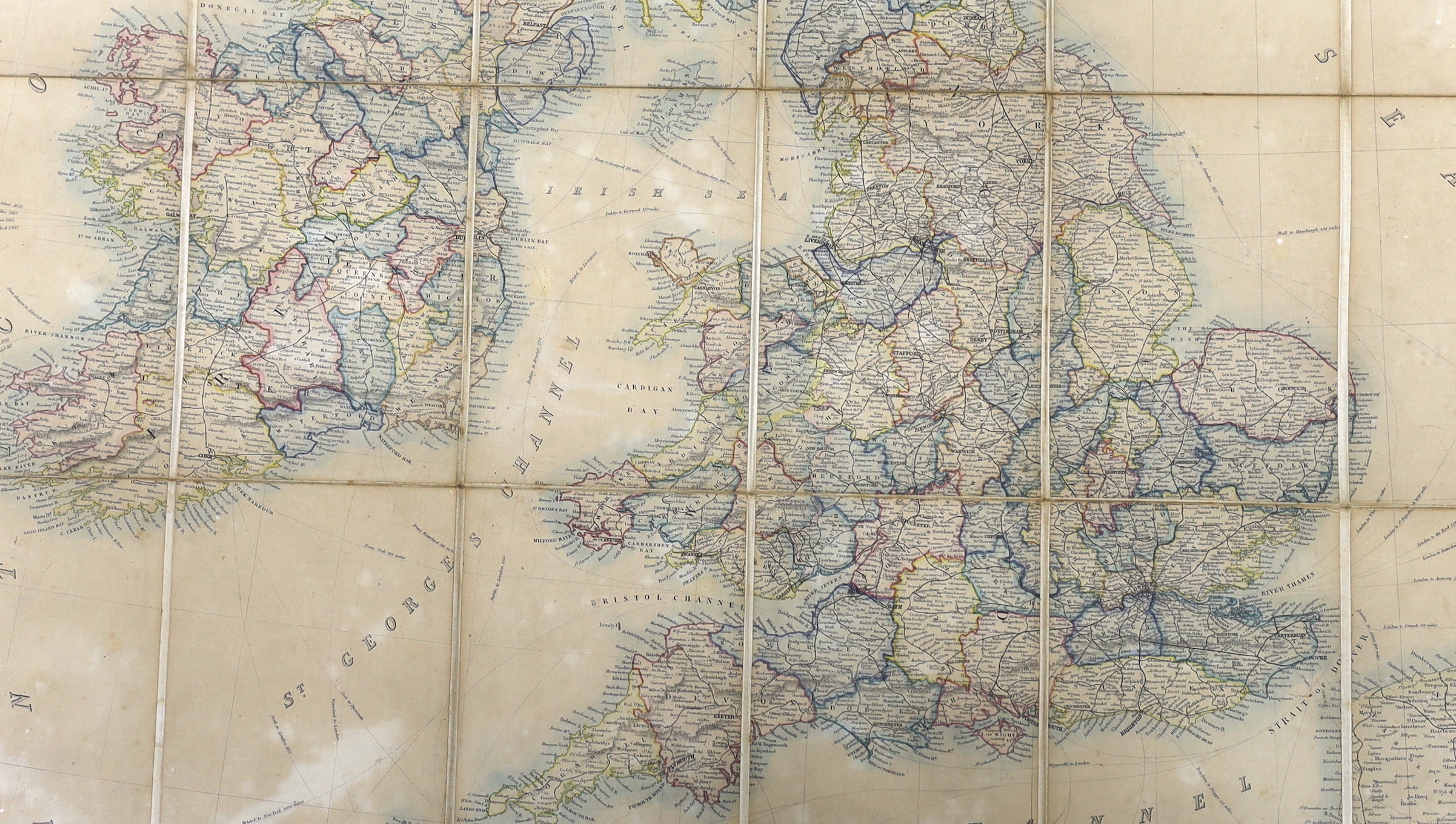 Benjamin Rees Davies, 19th century framed folding railway map of the British Isles and part of France, 1871, 95 x 79cm